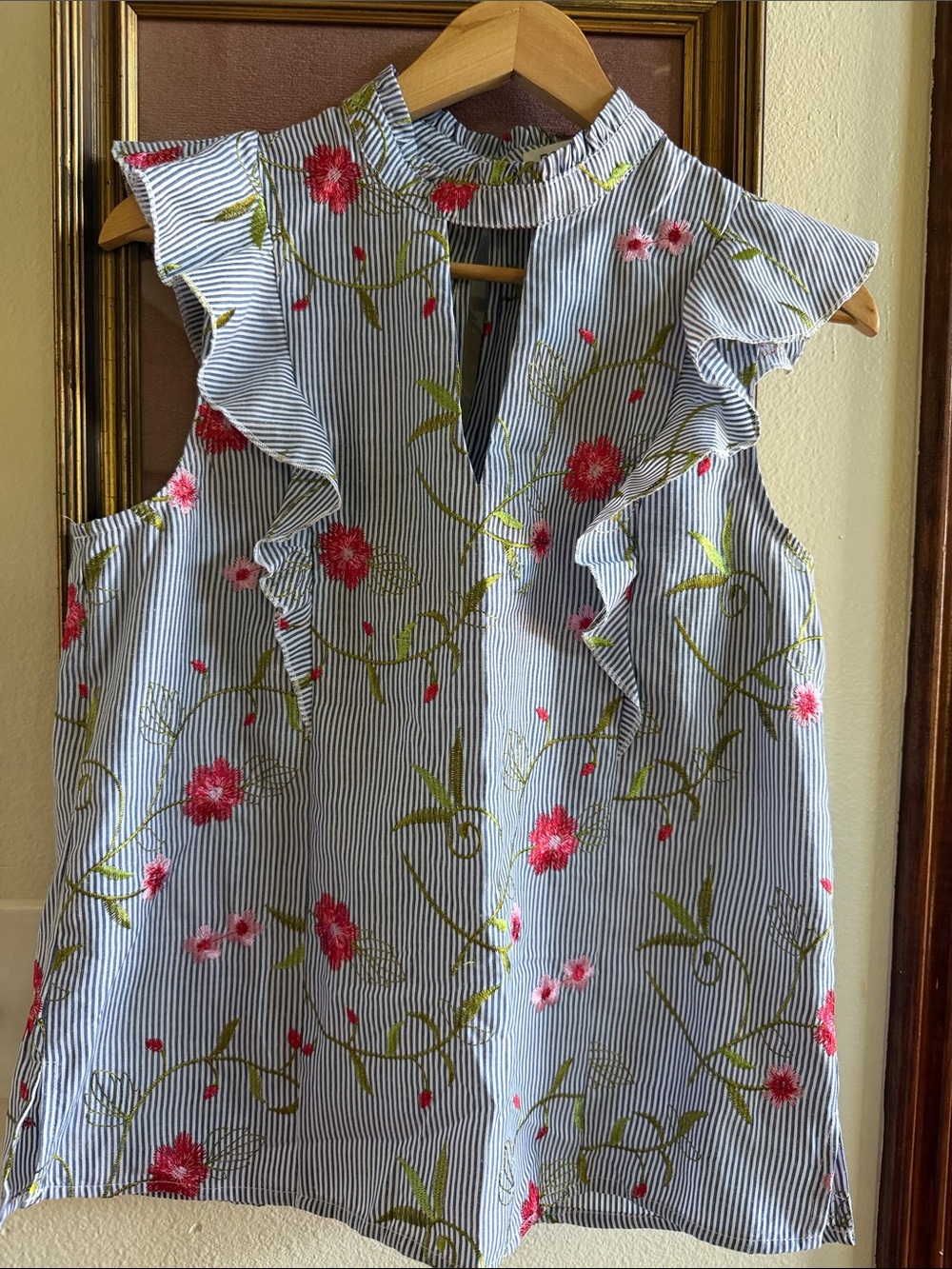 BCBGeneration Blue and Pink Floral Ruffle Sleeveless Blouse